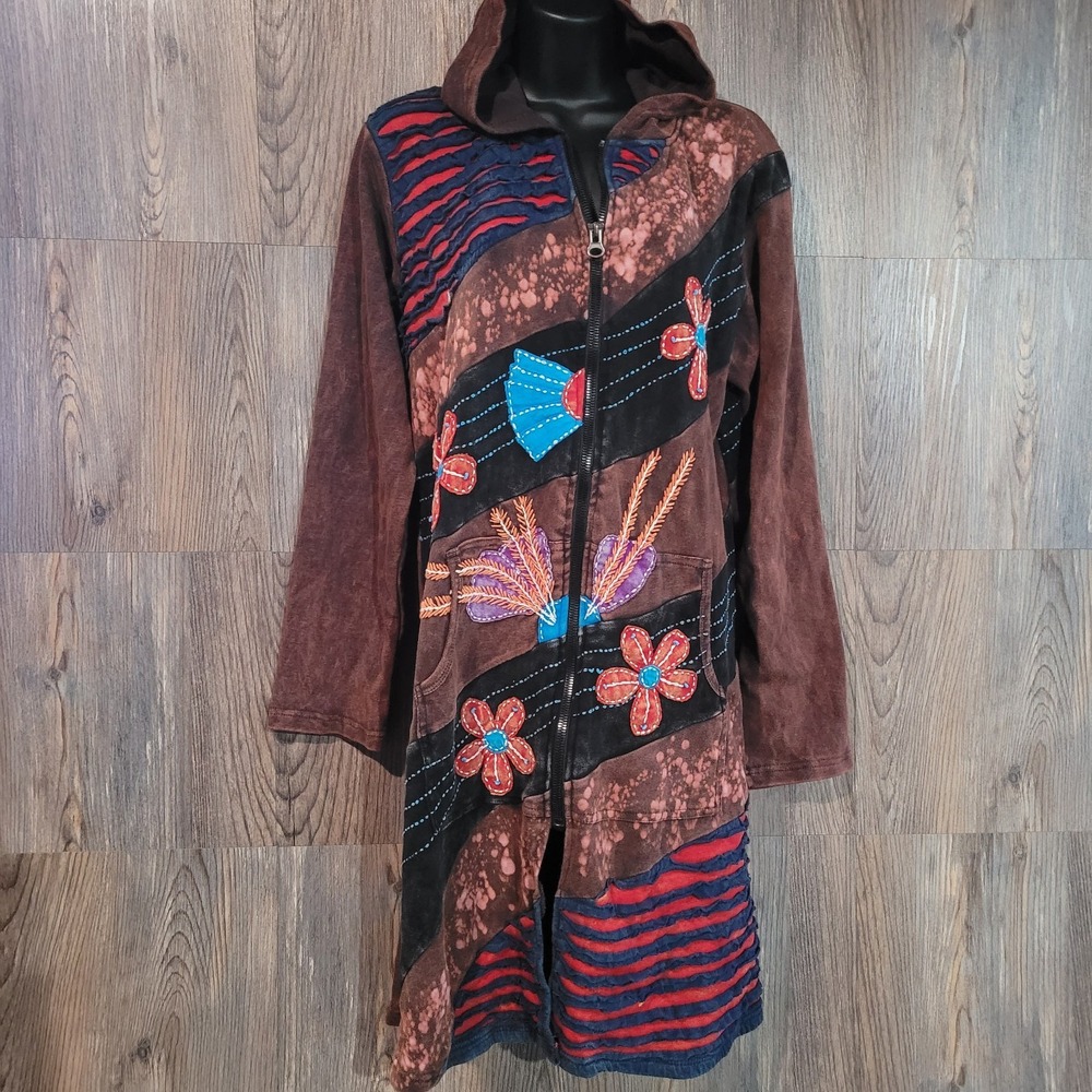 Rising International Long Hoodie 1XL Distress Embroidery Patchwork Boho Festival